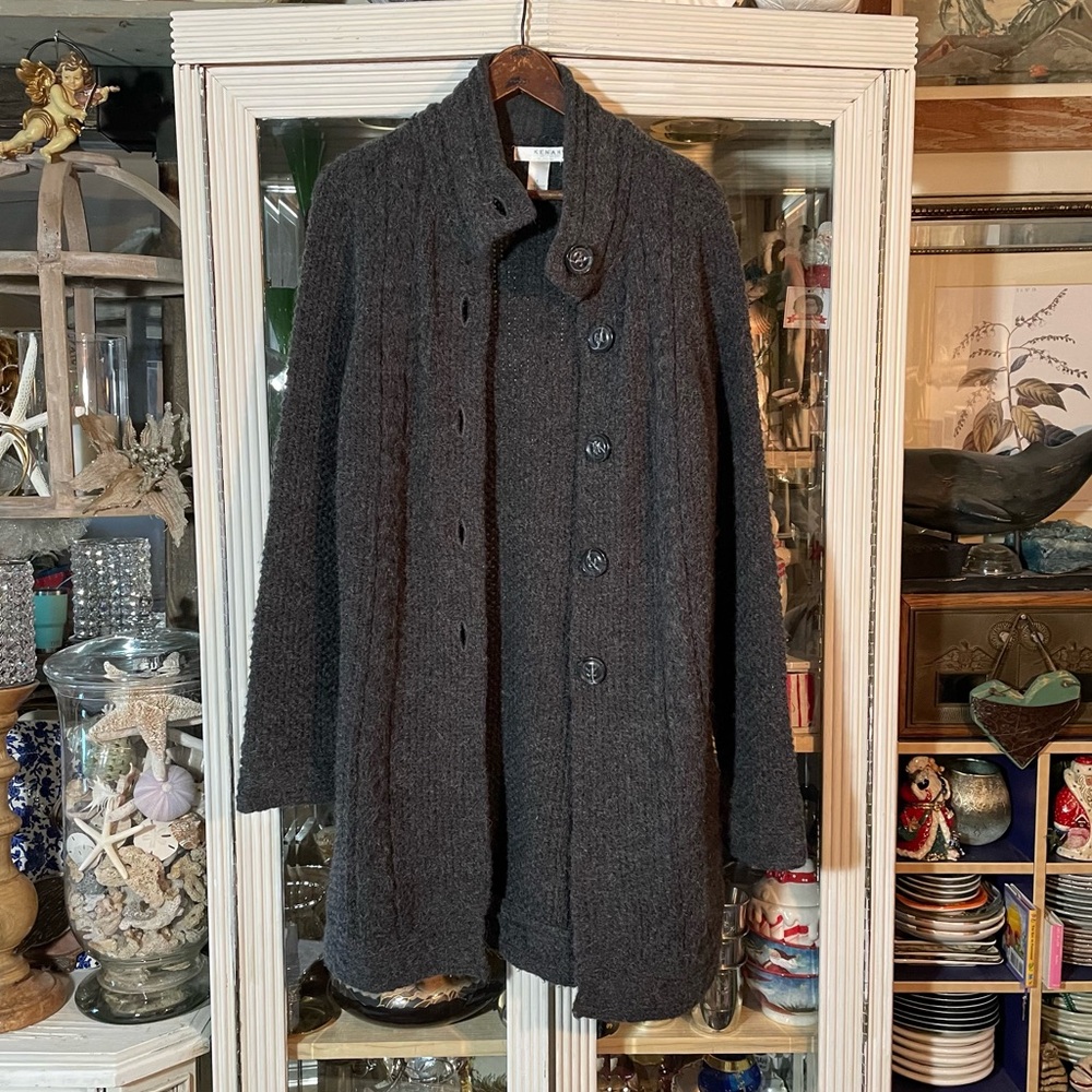 KENAR Gray soft Alpaca Wool Blend button high neck Cardigan long Sweater Large